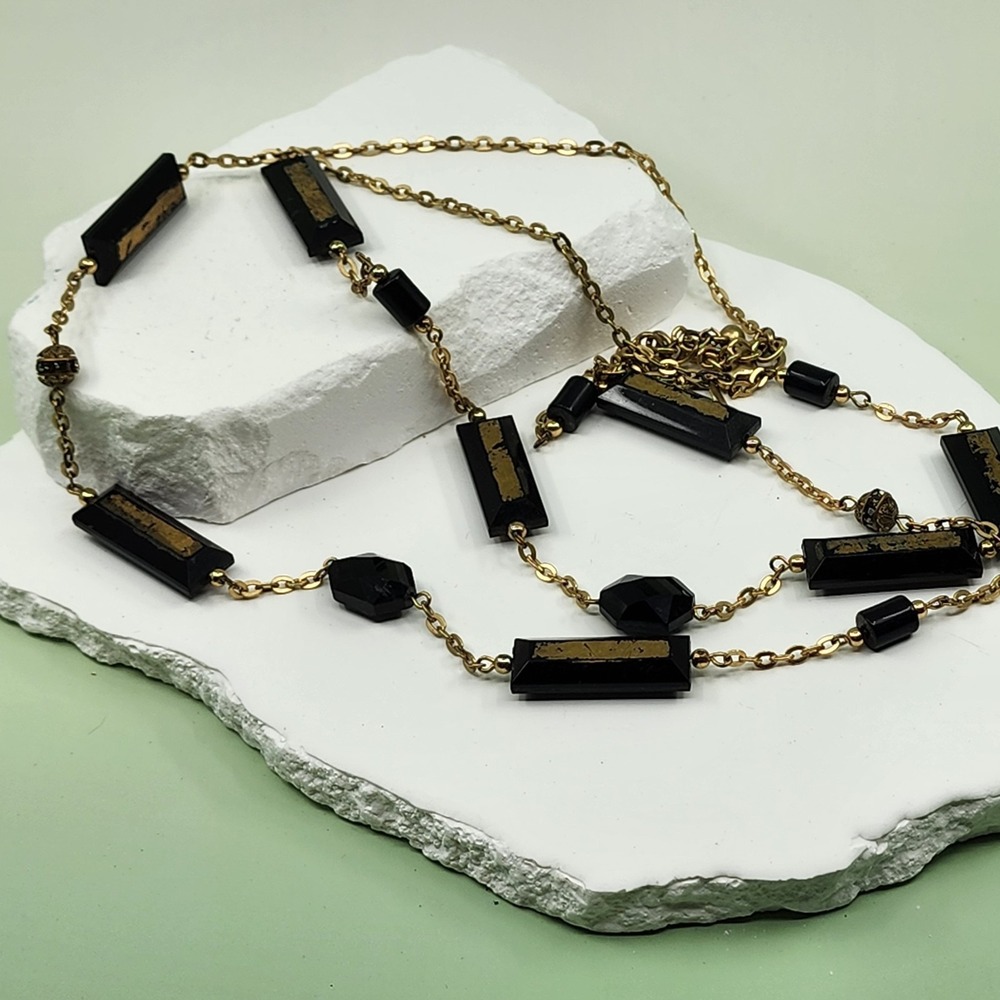 Chico's Black Gold Tone Geometric Bead Long Layered Necklace Gothic Statement